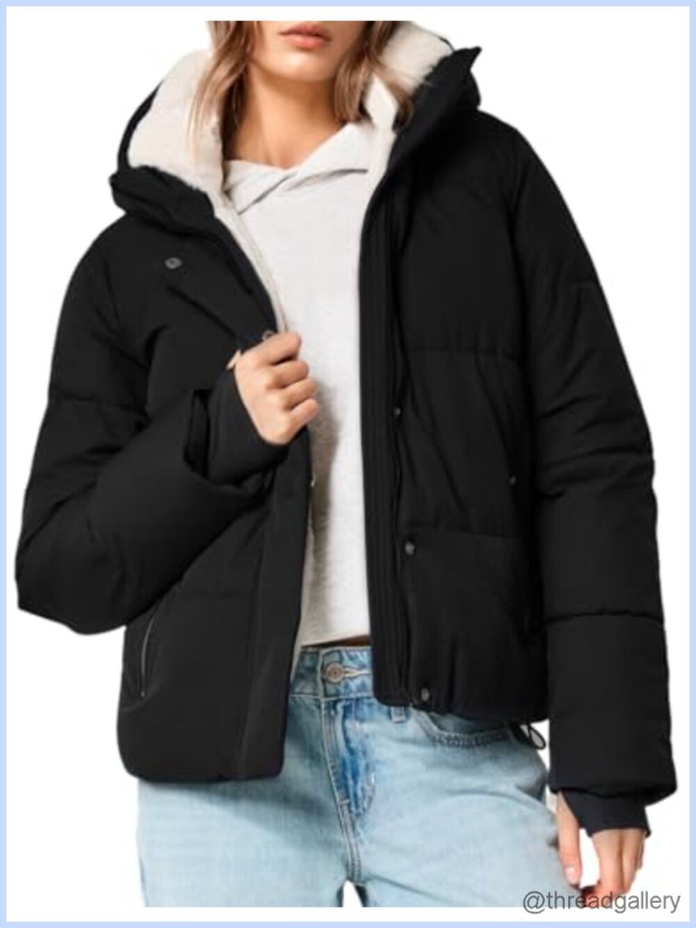 Women's Cropped Puffer Jacket Sherpa Fleece Fur Lined Winter Coat Hooded